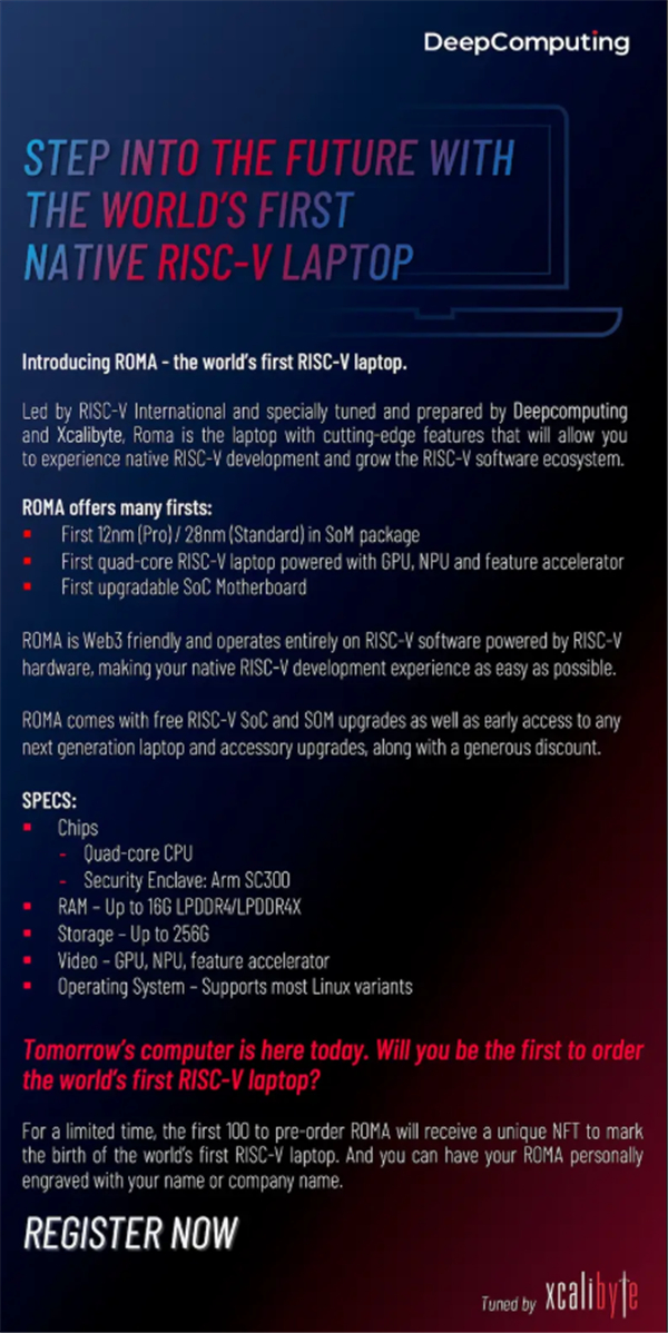 首款RISC-V笔记本ROMA接受预订：4核处理器 最高16GB+256GB