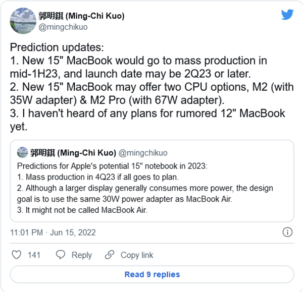 郭明錤：全新 15'' MacBook 明年发布 可选M2或M2 Pro芯片