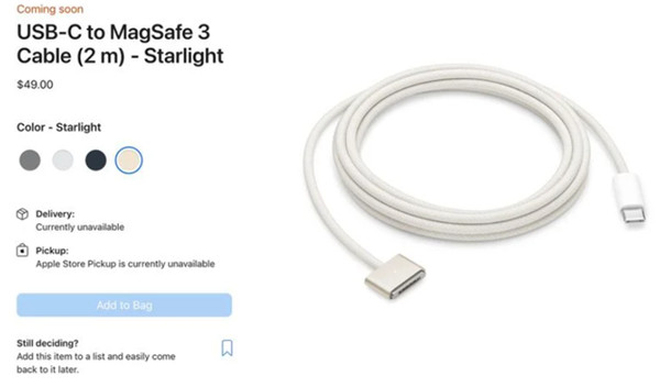 340元，苹果推出多彩USB-C转MagSafe 3连接线