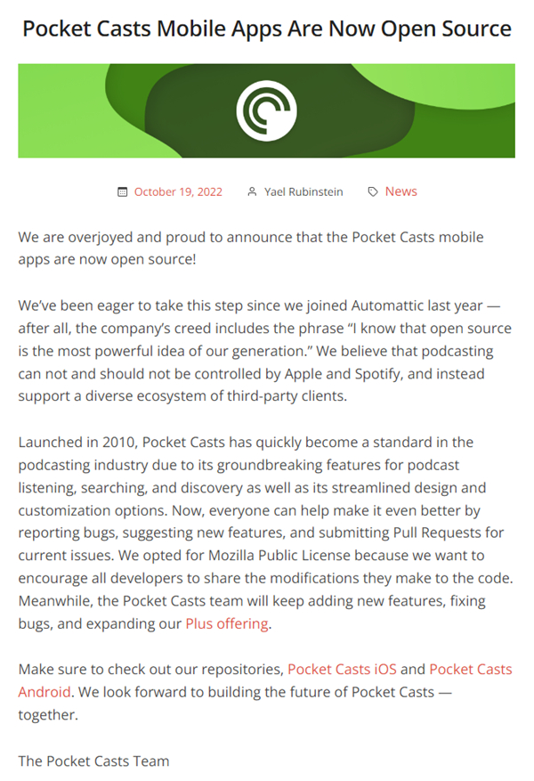 Automattic宣布将Pocket Casts客户端开源